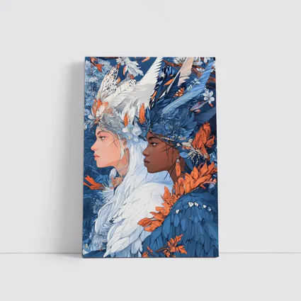 Two Women Feathered Headdress Blue Floral Art