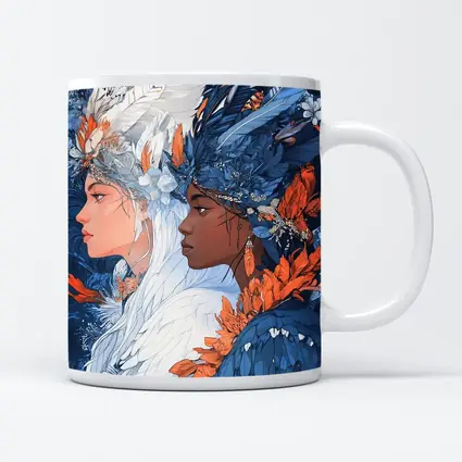 Two Women Feathered Headdress Blue Floral Art