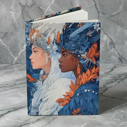 Two Women Feathered Headdress Blue Floral Art