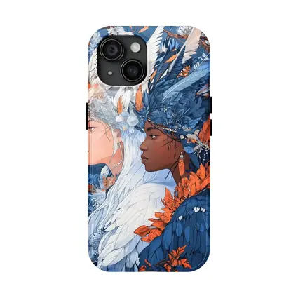 Two Women Feathered Headdress Blue Floral Art