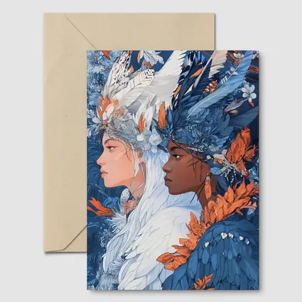 Two Women Feathered Headdress Blue Floral Art