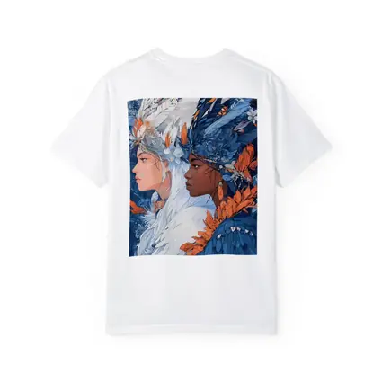 Two Women Feathered Headdress Blue Floral Art