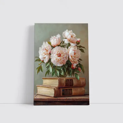 Pink Peonies Still Life With Vintage Books