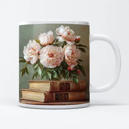Pink Peonies Still Life With Vintage Books