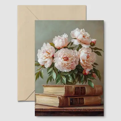 Pink Peonies Still Life With Vintage Books