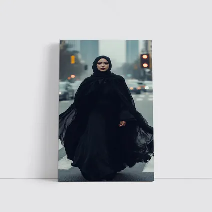 Woman Black Abaya Hijab Rainy City Street