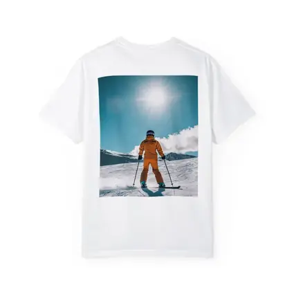Skier In Orange Suit Sunny Snow Mountain