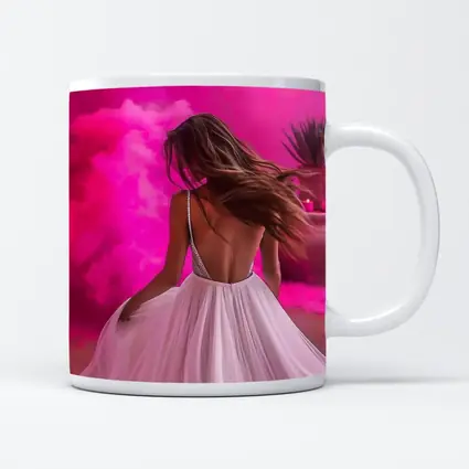 Woman White Dress Pink Smoke Background