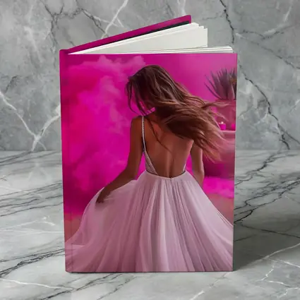 Woman White Dress Pink Smoke Background