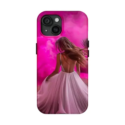 Woman White Dress Pink Smoke Background