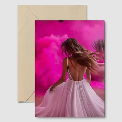 Woman White Dress Pink Smoke Background