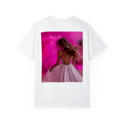 Woman White Dress Pink Smoke Background