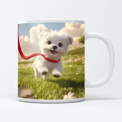 White Maltese Puppy Running Green Field