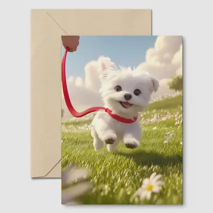 White Maltese Puppy Running Green Field