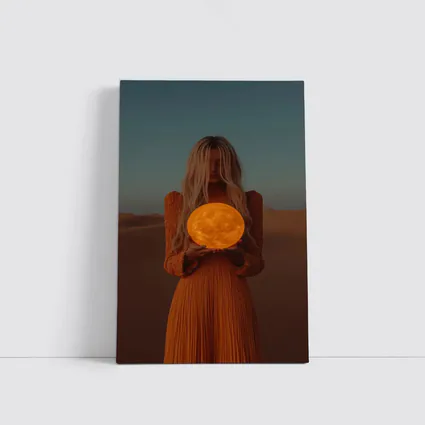Woman Holding Moon Desert Dusk Scene