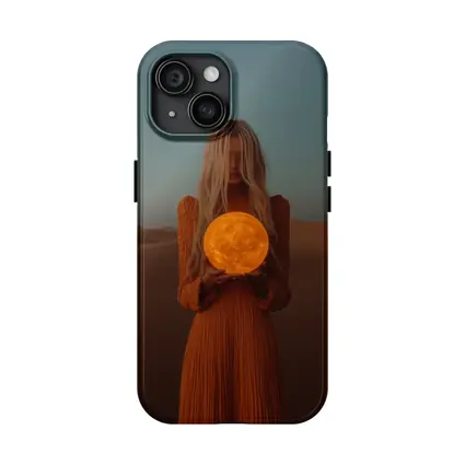 Woman Holding Moon Desert Dusk Scene