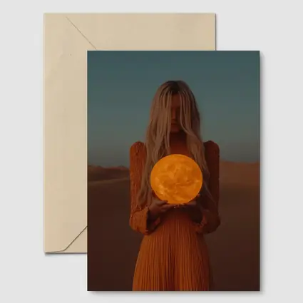 Woman Holding Moon Desert Dusk Scene