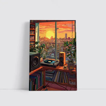 Retro Vinyl Room Anime City Sunset