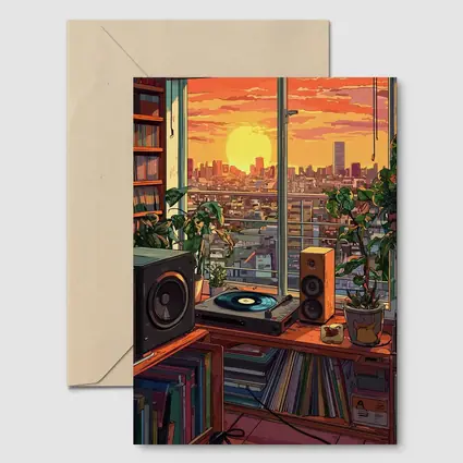 Retro Vinyl Room Anime City Sunset