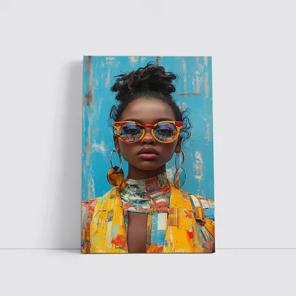 Bold Woman Orange Sunglasses Blue Wall