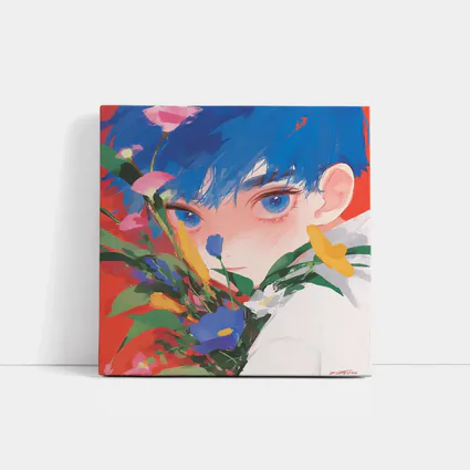 Anime Boy Blue Hair Colorful Flowers Red