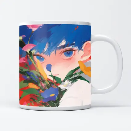 Anime Boy Blue Hair Colorful Flowers Red