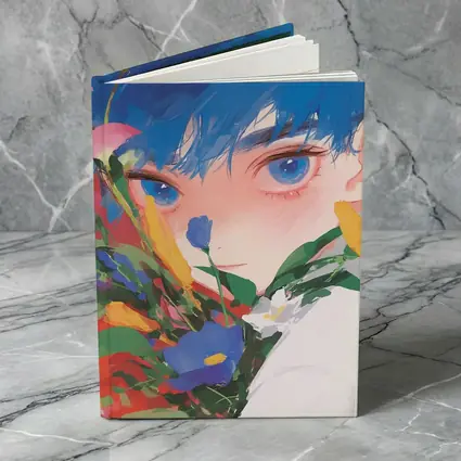 Anime Boy Blue Hair Colorful Flowers Red