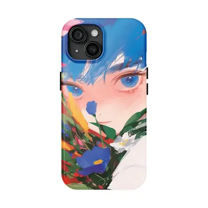 Anime Boy Blue Hair Colorful Flowers Red