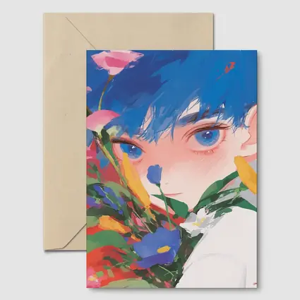 Anime Boy Blue Hair Colorful Flowers Red