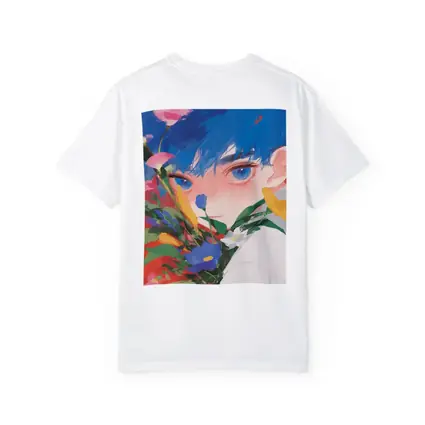 Anime Boy Blue Hair Colorful Flowers Red