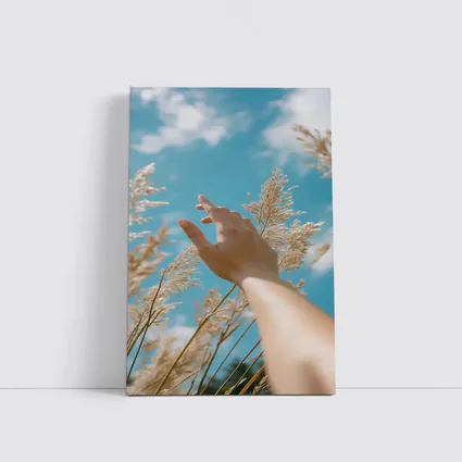 Hand Reaching Through Golden Wheat Blue Sky