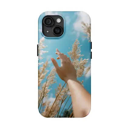 Hand Reaching Through Golden Wheat Blue Sky