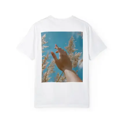 Hand Reaching Through Golden Wheat Blue Sky