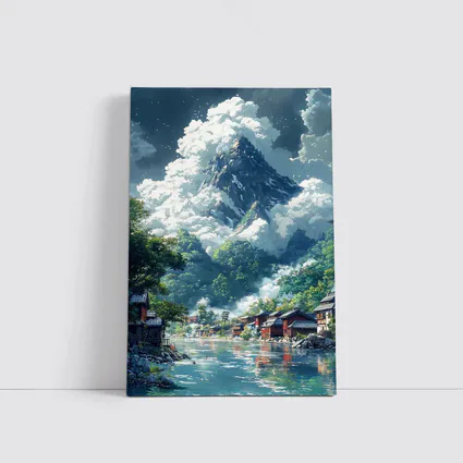 Anime Mountain Village River Misty Landscape