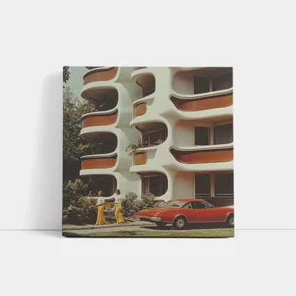 Retro Seventies Curved Architecture Red Sports Car