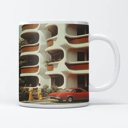 Retro Seventies Curved Architecture Red Sports Car