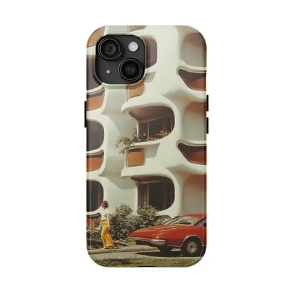 Retro Seventies Curved Architecture Red Sports Car