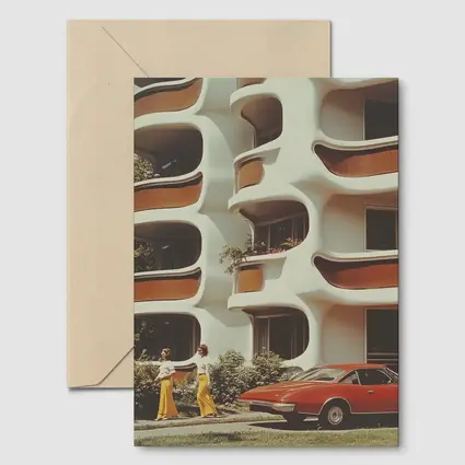 Retro Seventies Curved Architecture Red Sports Car