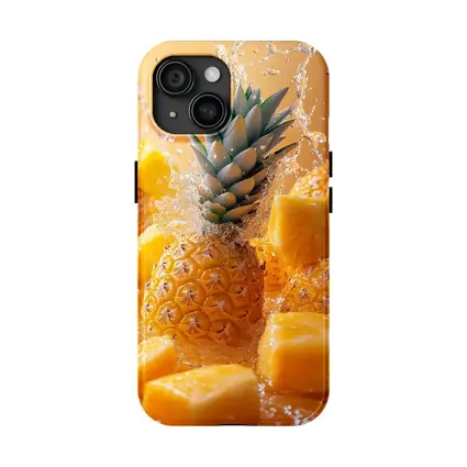 Fresh Pineapple Chunks Water Splash Yellow Background
