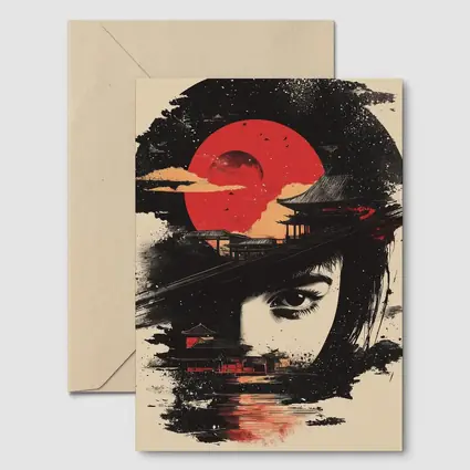 Japanese Woman Red Sun Temple Night
