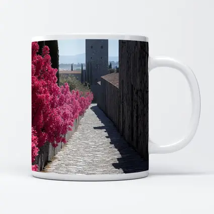 Medieval Castle Tower Pink Bougainvillea Pathway