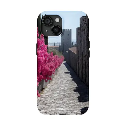 Medieval Castle Tower Pink Bougainvillea Pathway