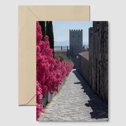Medieval Castle Tower Pink Bougainvillea Pathway