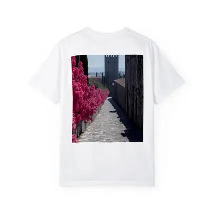 Medieval Castle Tower Pink Bougainvillea Pathway