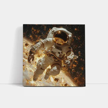 Astronaut Floating Through Golden Space Debris