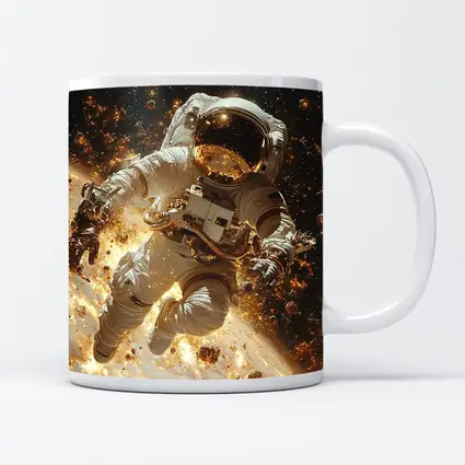 Astronaut Floating Through Golden Space Debris