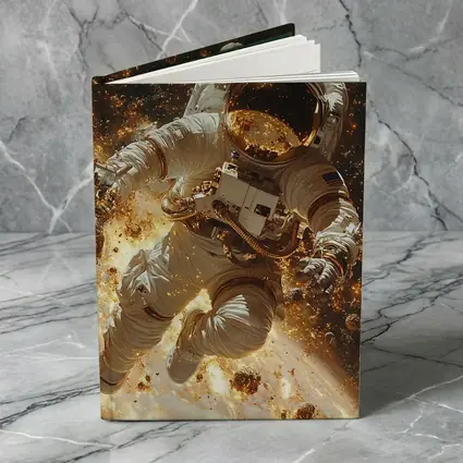 Astronaut Floating Through Golden Space Debris