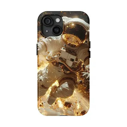 Astronaut Floating Through Golden Space Debris