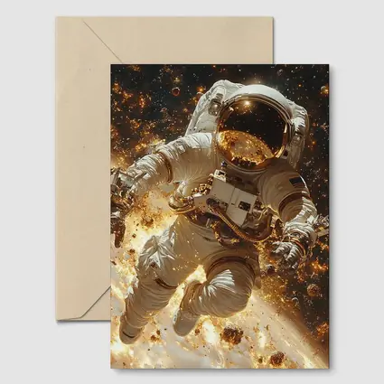 Astronaut Floating Through Golden Space Debris