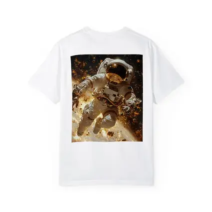 Astronaut Floating Through Golden Space Debris